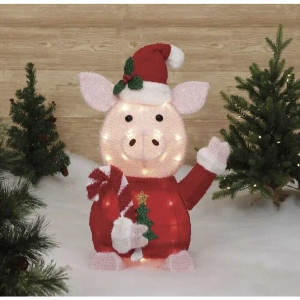 LIGHT-UP PLUSH PINK UNIQUE CHRISTMAS FURRY PIG w/35 LIGHTS 22" HOLIDAY TIME NEW